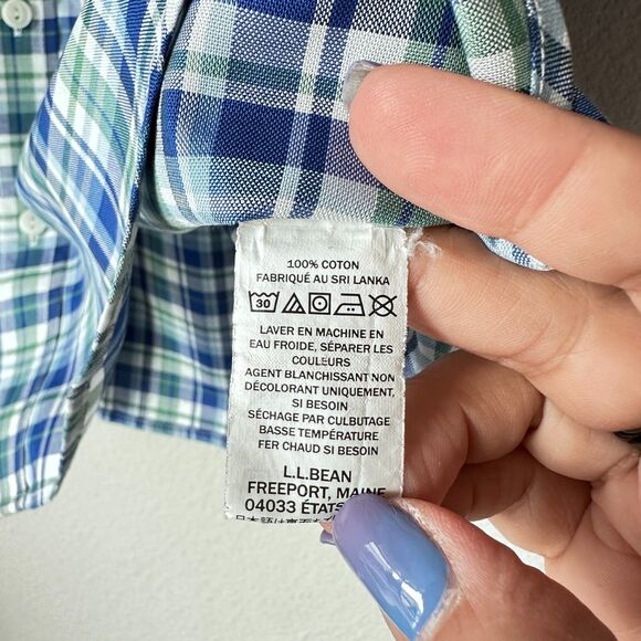 LL Bean Men's Button Shirt Traditional Fit Plaid Short Sleeve Blue Green Pocket - Picture 5 of 5